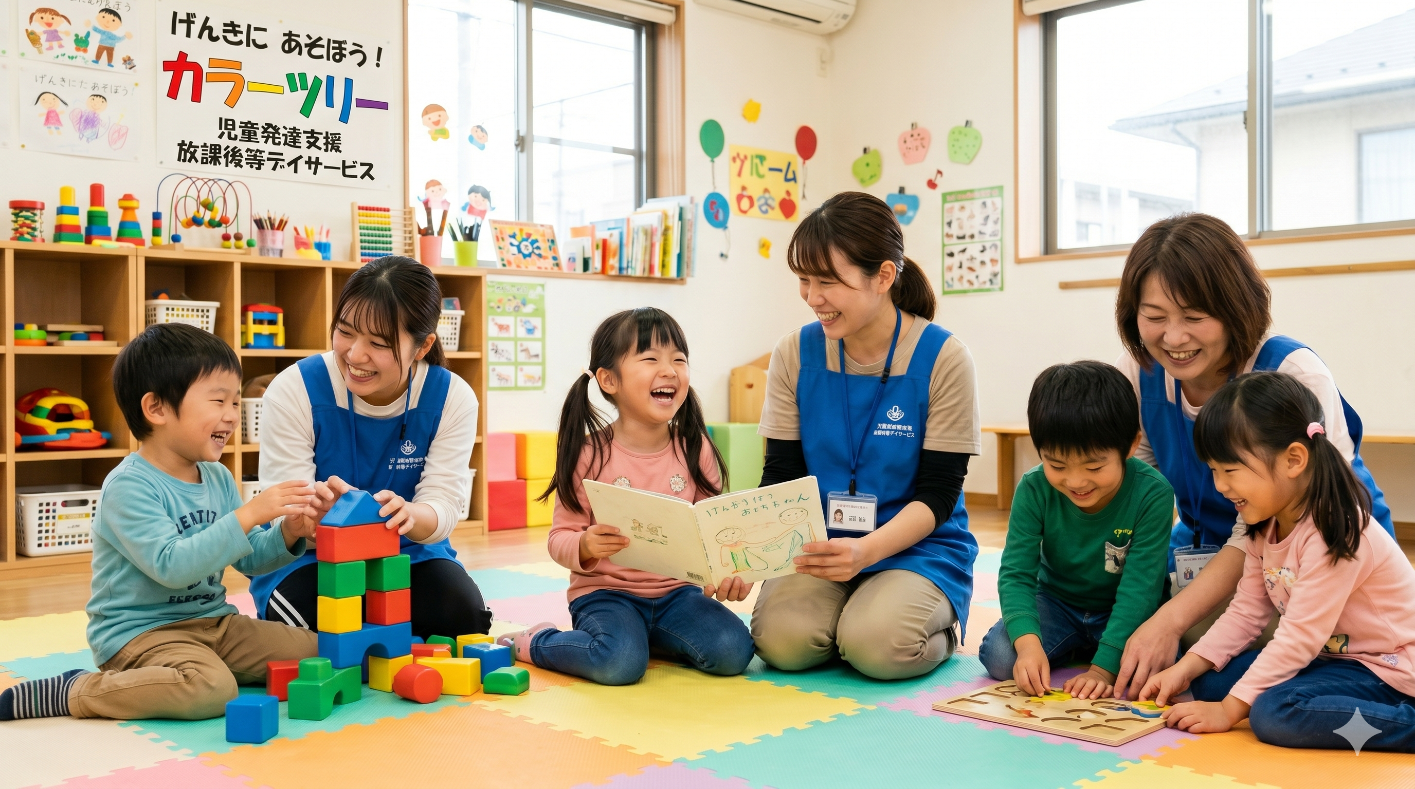 カラーツリーで笑顔で活動するお子さまとスタッフ