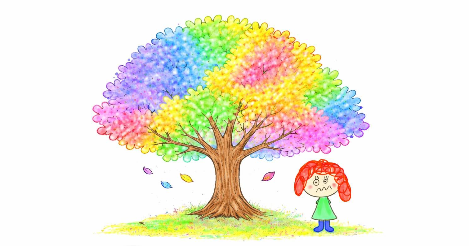 カラフルな葉をつけた大きな木と、その隣に立つ女の子のイラスト